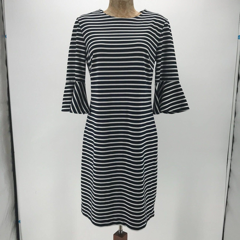 Banana Republic Dress Women 10 Black White Stripe Sheath 3/4 Bell Sleeve Stretch
